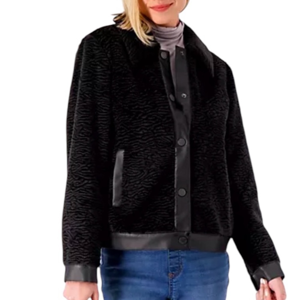 dennis basso Black Textured Faux-Fur Bomber Jacket
